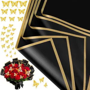 20 Sheets Flower Bouquet Wrapping Paper with 12 Pieces Gold Butterfly Decorations for Flower Bouquets, Waterproof, Gift Wrapping(Black)