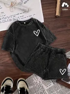 Heart Simple Print Casual Round Neck Short Sleeve Two-Piece Set, Matching Summer Fashion Women's Style, Fitted Letter Pattern Top and Shorts, Outfit