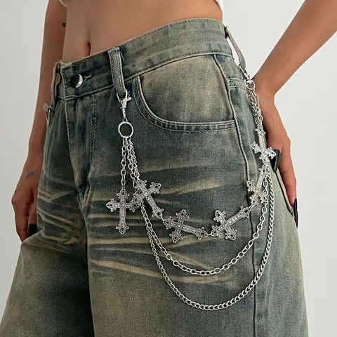 Women's Cross Pendant Layered Tassel Metal Fashion Accessory, Hip Hop Punk Style Pants Chain, Belly Chain, Adjustable Waist Chain, Vintage Waist Jewelry Gift, Body Jewelry