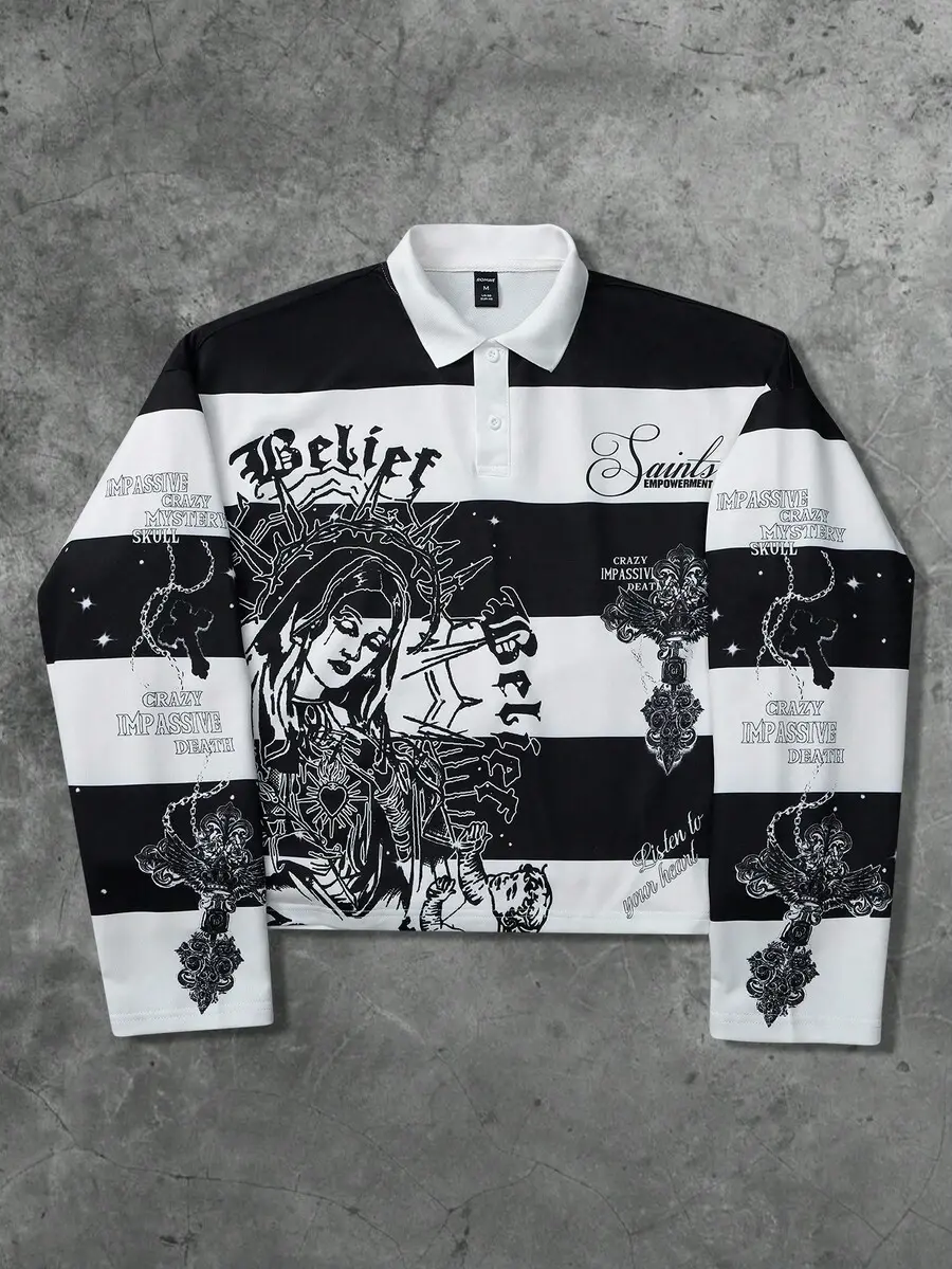 Street Life Spring Casual Graphic Men Retro Virgin Mary Striped Letter Graphic Print Street Style Pullover Sweatshirt, Fall, Y2K
