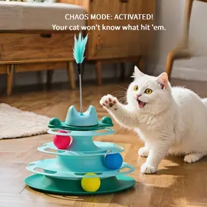 Cat Toys 4-Tier Roller Track with Feather Teaser, Turntable Cat Tower Toy with Colorful Chase Balls. Multi-Level Fun for Bored Cats, Kitten Exercise Toys for Self Play, Interactive Kitten Wand