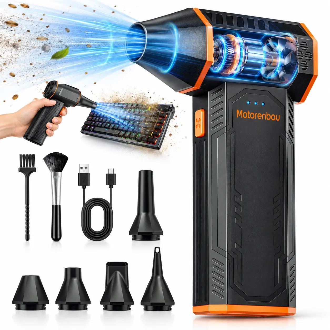 Motorenbau Electric Air Duster, Cordless Turbo Air Blower Gun, Adjustable Speed Rechargeable Mini Jet Fan, Canned Air Alternative for PC, Keyboard, Car, Workbench, Home & Outdoor Cleaning, Portable