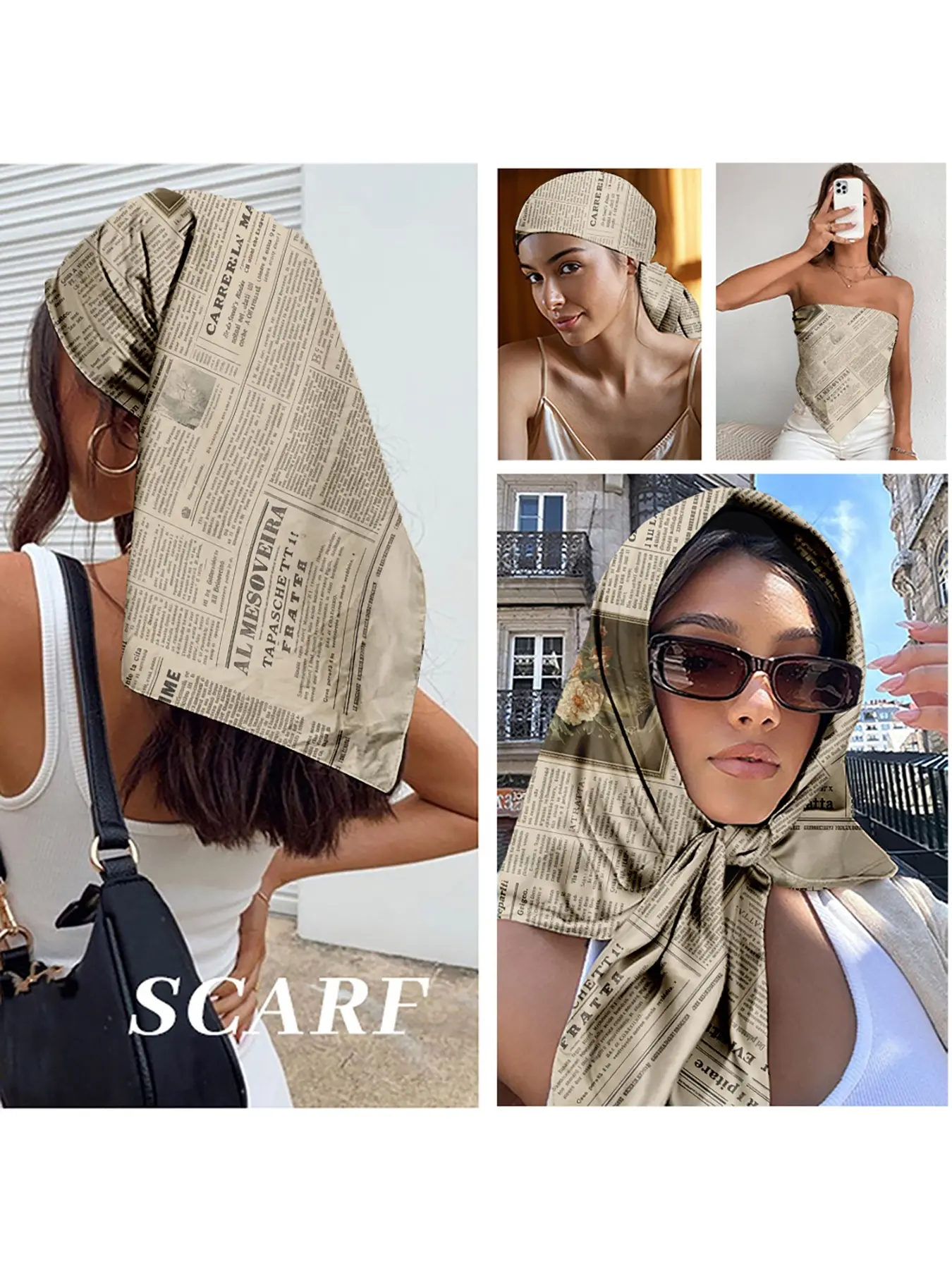 Vintage Newspaper Print Scarf for Women - Lightweight Summer Headscarf, Vintage Headwrap, Beach Cover-Up, Festival Accessory, Stylish Hijab & Neck Wrap, Perfect for Travel, Vacation, Music Festivals, Parisian Chic Look, Vintage Print Headscarves