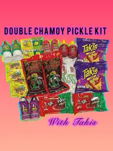 Double Chamoy Pickle Kit with Takis, Gushers, Fruit Roll Ups, Liquid Lucas, Lucas Powder, Purple Lucas Lollipop Powder, Skwinkles, Pelon Pelo Rico Pushup Tamarind Candy, Pica Limon and Limon 7 packets Snack Kit Candies Candies
