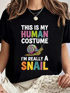 100% cotton Halloween This Is My Human Costume I'm Really A Snail T-Shirt Women Graphic T-Shirt Cotton Print short Sleeve Casual Top, Summer Tee Womens Tops