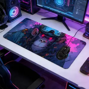 Cyberpunk Mecha Monkey Large Extended Gaming Mouse Pad, Non-Slip Rubber Base Stitched Lock Edge Desk Mat, Neon Anime Artistic Design Desk Pad, Durable Computer Accessory for Home Office & Gaming Setup, Perfect Gift for Gamers & Cyberpunk Anime Fans Boys