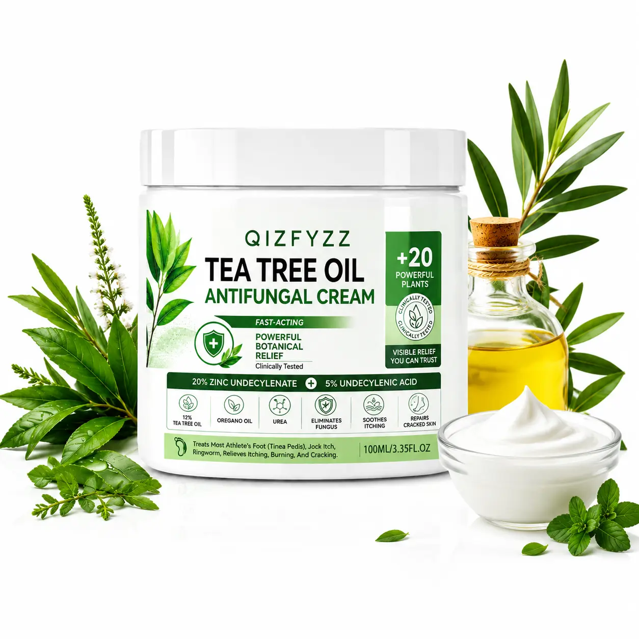 25% Undecylenic Acid Antifungal Cream with Tea Tree & Oregano Oil, Fungal Skin Relief for Athlete’s Foot, Jock Itch & Ringworm, 100ml
