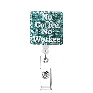 No Coffee No Work Letter Pattern Badge Holder, 1 Count Retractable Badge Reel with Clip, ID Holder for Nurse Doctor Student & Office Staff