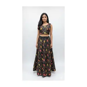 #K8 Black Embroidered Lehenga Choli Set – Crop Top + Flared Skirt