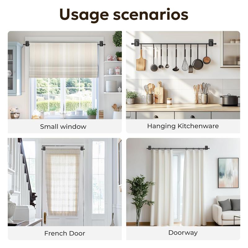 Inovaday No-Drill Curtain Rods for Windows - Adjustable 5/8" Tension Rod, Renter-Friendly Adhesive Brackets, Easy Install Black Drapery Pole