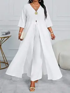 Lady Plus Size Solid Color V-Neck Metal Button Decorated Top And Pants Elegant 2 Pieces Set White Shirt White Dress White Top