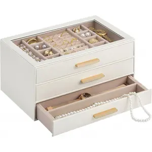 Jewelry Box Organizer, 3-Layer Jewelry Organizers and Storage Case with Glass Lid, Ring Earring Bracelet Necklace Holder Organizer, Birthday Valentine Gifts for Women Girls -3Layer, Beige