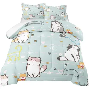 Cartoon Cat Bedding Set, Girls Super Soft Comforter Set Queen Size, Cute Cats Printed Quilt for Kids Teen, Lovely Blue Microfiber Comforter for All Season 3Pcs with Pillowcases