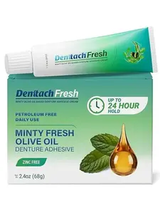Denttach Fresh Denture Adhesive with Invigorating Mint Flavor, Petroleum Free Olive Oil Based Denture Cream for Full and Partial Dentures, All Day Hold Denture Glue, Zinc Free, 2.4 Ounce