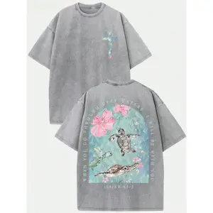 Men's Vintage Washed Pure Cotton T-Shirt - Oversized Streetwear Tee with Sea Turtle & Text Print ("I Will Be with You"), Loose Fit Casual Shirt, Machine Washable Soft Daily Wear