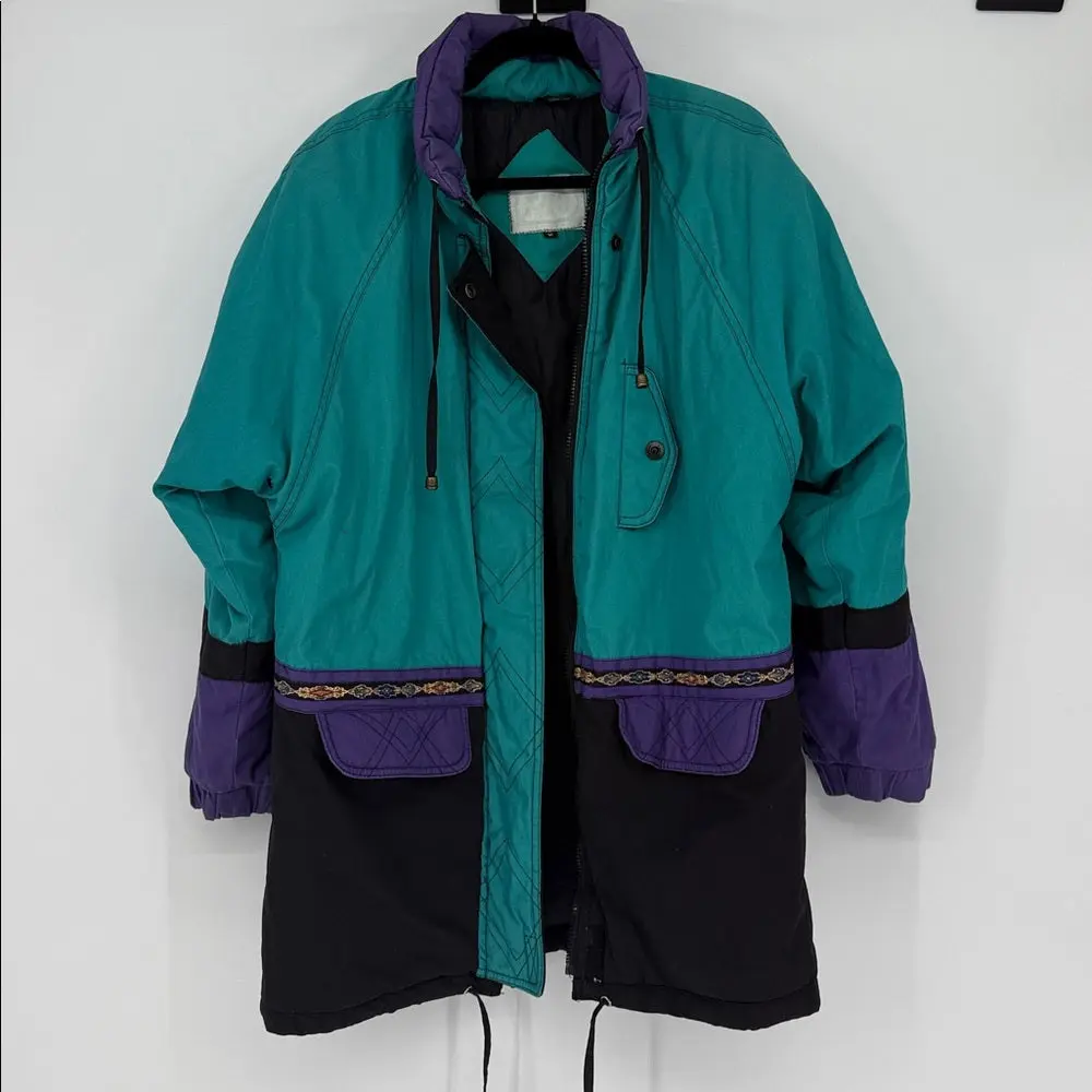 Vintage 90s Colorblock Puffer Jacket Teal Purple Black Size M Oversized Ski Coat