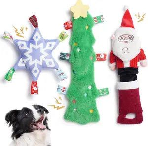 Nocciola 3 Pack Tag & Tug Christmas Dog Toys, No Stuffing Santa, Christmas Tree & Tough Stuffed Snowflake Dog Toys, Crinkle Squeaky Interactive Dog Toys, Christmas Gift for All Breeds
