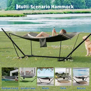 OP-Double Hammock with Stand – 450LB Heavys Duty Outdoor Swing Bed w/ Curved Spreader Bar & Weatherproof Polycotton | 12FT Freestanding Patio Lounger for Backyard, Camping & Poolside​(Beige)