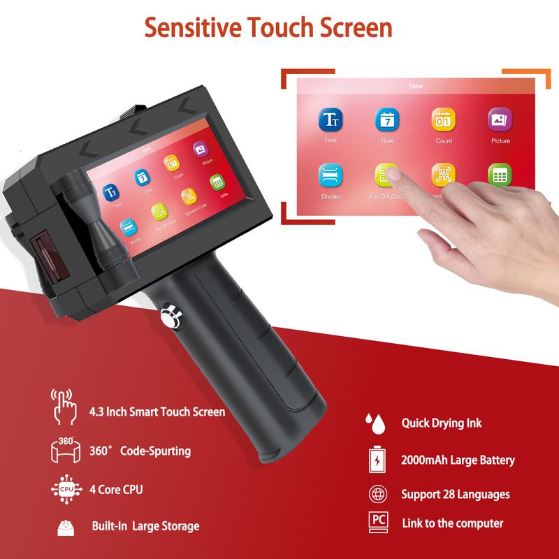 Handheld Inkjet Printer, 0.5 Inch Nozzle, Portable Inkjet Printer Gun for Text QRCode Barcode Production Date Time Logo Batch Number Print on Metal Wood Glass Cloth Carton Plastic