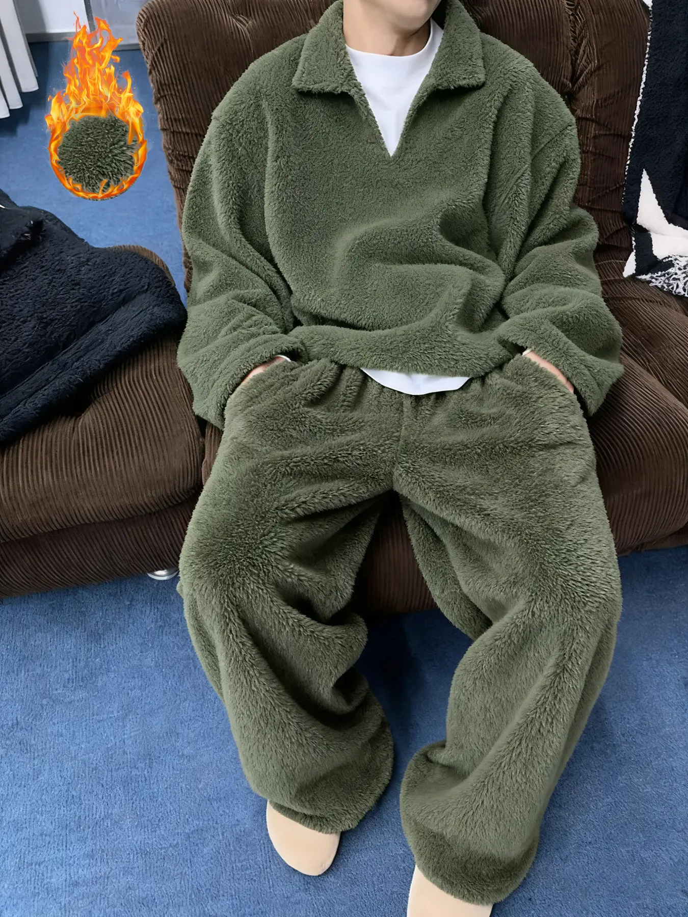 Autumn Winter Warm Fleece Hoodie and Pants Set Outfit, Matching, Unisex Casual Loose Fit, Fashionable and Comfortable, Camo Pattern