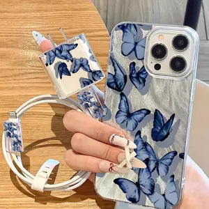 5-Piece Set Blue Butterfly Transparent Imd Protective Phone Case, Dreamy Fresh Style, Fits iPhone 6/7/8/x/XR/XS Max/11/12/13/14/15/16 Pro Max