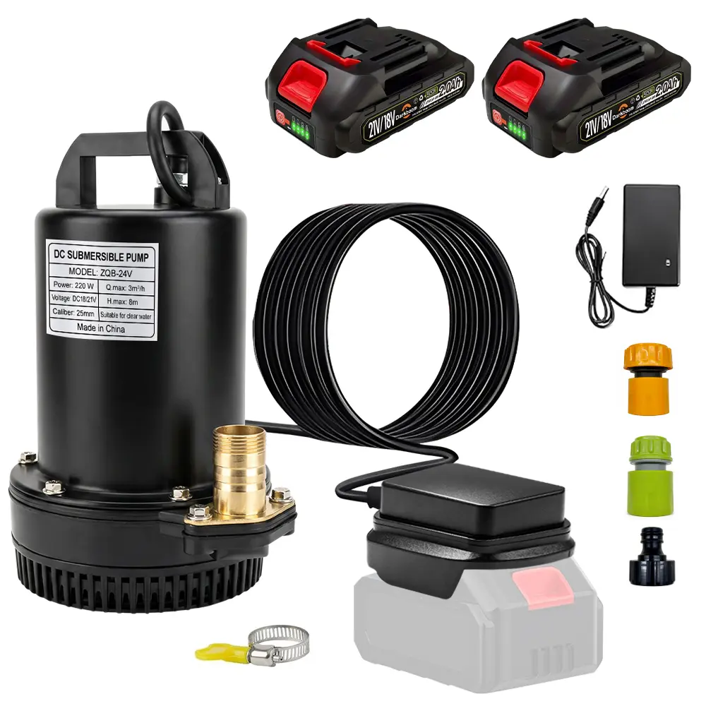 Submersible Water Pump for Pool, Battery Powered Utility Sump Pump – 50L/Min Flow, 8M Head, Compatible with 18V/21V Batteries, Includes 2 Batteries & Charger