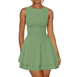 Women's Athletic Fabric Mini Dress - Ruched Tummy Control A-Line Dress, Ruffle Hem Sleeveless Boat Neck Party Dress for Spring Break, Graduation & Homecoming