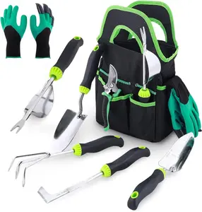 Complete Garden Tools Set with 11 Tools, Carrying Tote, Plant Rope, Plant Tags, Gloves, and Sprayer