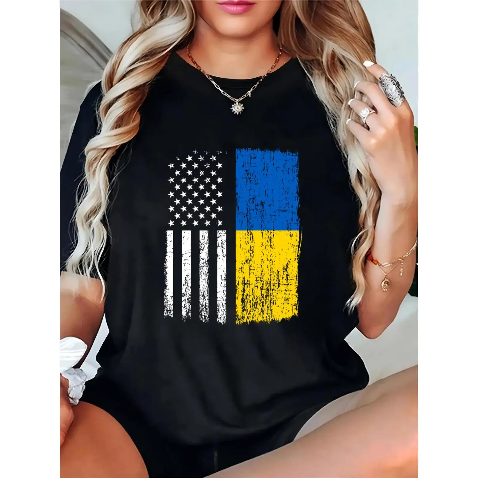 Women's Basic Short-Sleeve Round Neck Black T-Shirt - Distressed US & Ukraine Flag Graphic, Comfortable Feminine Casual Streetwear for Ukraine Support, Cotton, Prints, Fit, Essential, Skirts, Day, Elegant, Shortsleeve