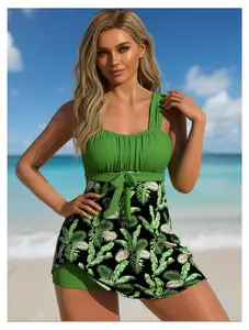 Tankini Swimsuit for Women - Tropical Leaf Print Two Piece Bathing Suit - High Waisted Tummy Control Swimwear for Vacation, Beach, Pool - Adjustable Straps