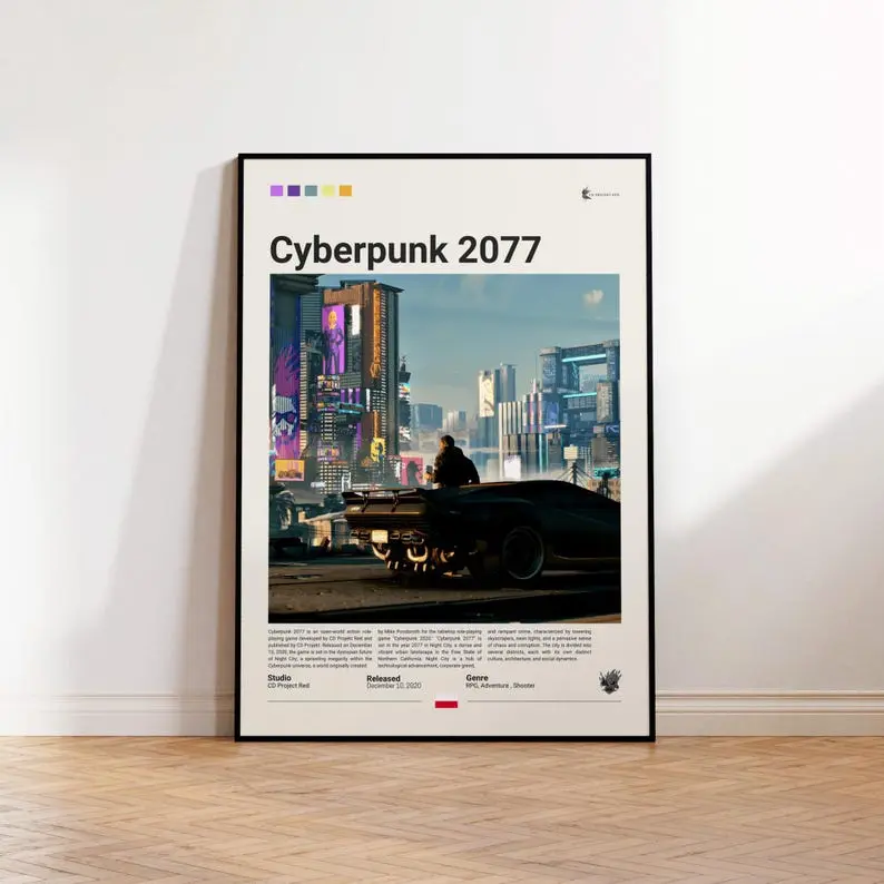 Cyberpunk 2077 Artistic Print Poster - Luster Paper Framed Wall Art, Sustainable Gaming Fan Collectibles, Home Decor (200 years in color, 400 years in black-and-white)
