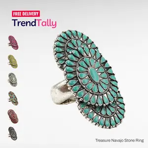 Unisex Navajo Stone Concho Ring, TrendTally Treasure Western Boho Statement Costume Jewelry, Adjustable Stretchable Band, Vibrant Center Stone, Vintage Patina, 2in L x 1in W