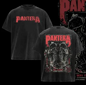 Men's Pantera Vintage Skull T-shirt, washed cotton retro rock band graphic tee, a casual streetwear top for music lovers.