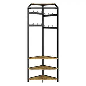 Corner Coat Rack with Shoe Bench Entryway and 12 Double Hooks, Corner Hall Tree - Corner Clothes Rack with Storage Corner Tree with Organizer Shoe Bench Shelf for Entryway, Hallway, Closet, Grey