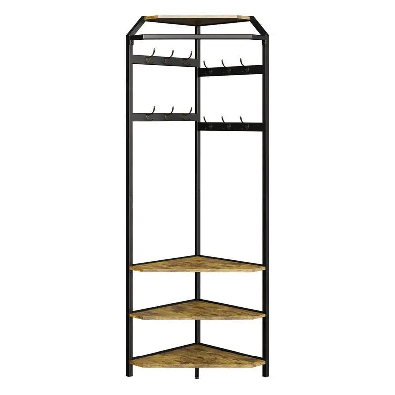 Corner Coat Rack with Shoe Bench Entryway and 12 Double Hooks, Corner Hall Tree - Corner Clothes Rack with Storage Corner Tree with Organizer Shoe Bench Shelf for Entryway, Hallway, Closet, Gray