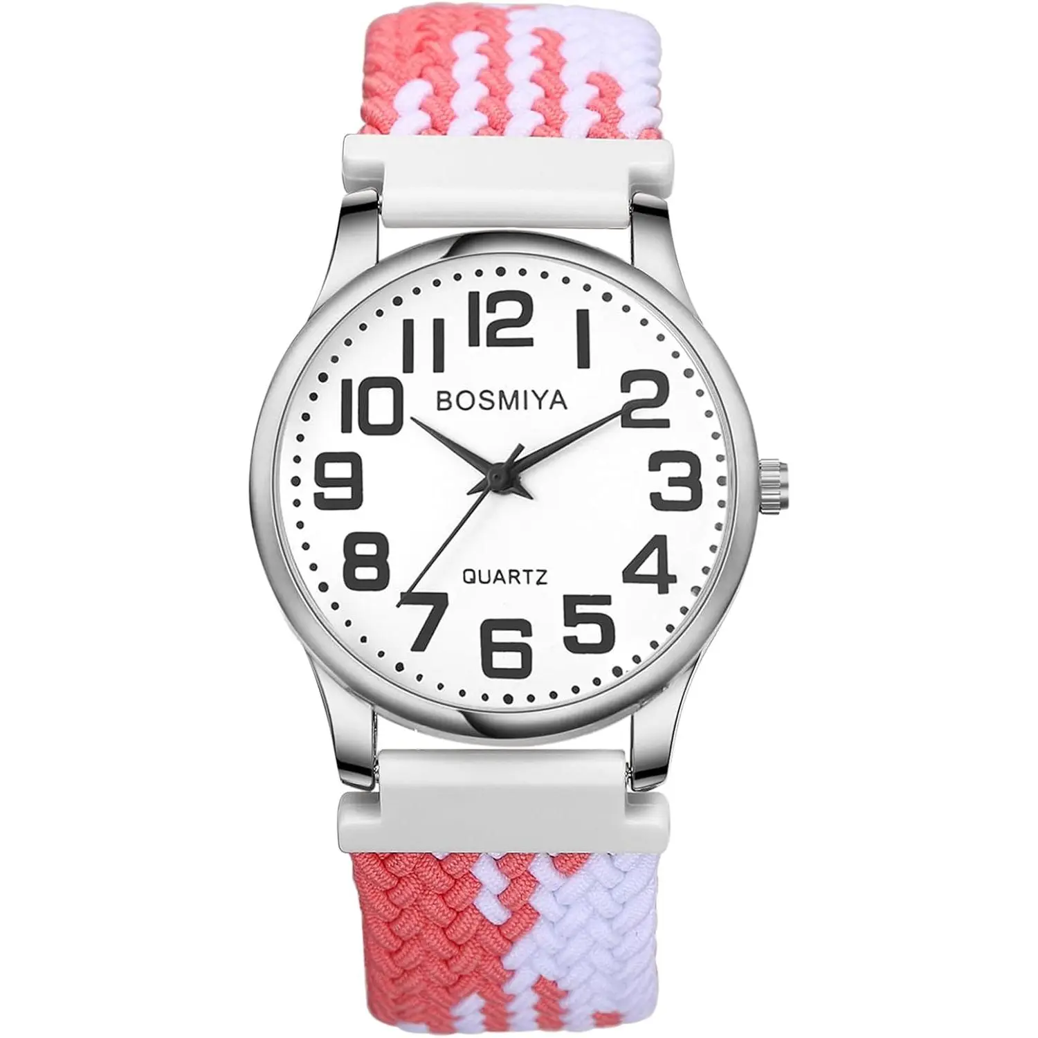 Braided Elastic Strap Watch: Analog Quartz Pink White Arabic Large Dial Casual Watch for Men Women Easy-to-Read