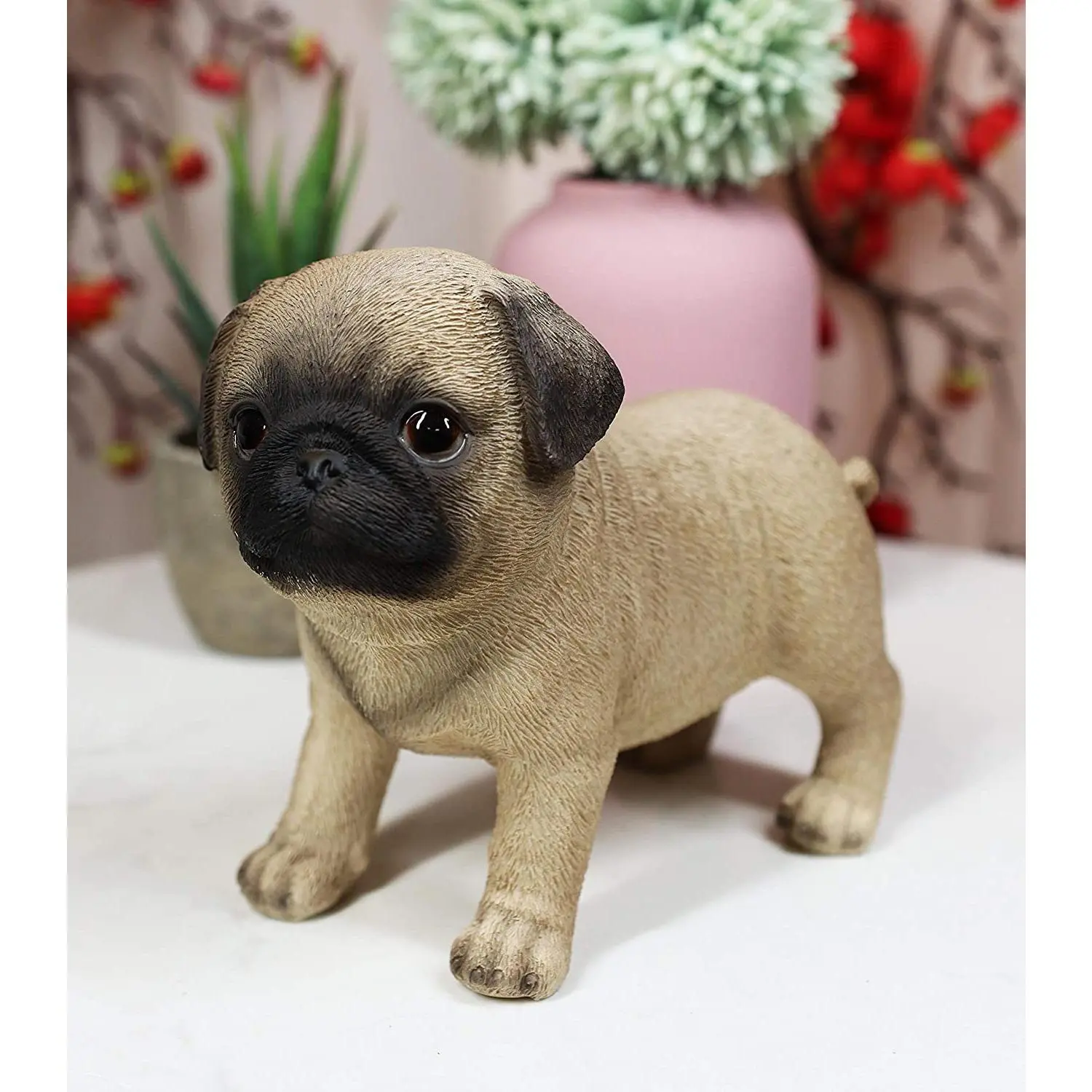 Ebros Realistic Handcrafted Fawn Pug Puppy Dog Figurine - 5"L Resin Statue with Glass Eyes, Textured Body, Home Decoration Gift for Pet Lovers
