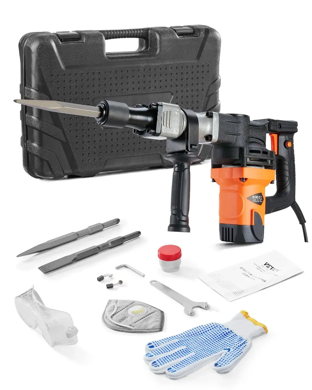 【Auction】VEVOR Demolition Jack Hammer, 1400W Electric Jackhammer Heavy Duty, 2900 BPM Concrete Breaker, 2pcs Chisels Bits Chipping with Case, Gloves