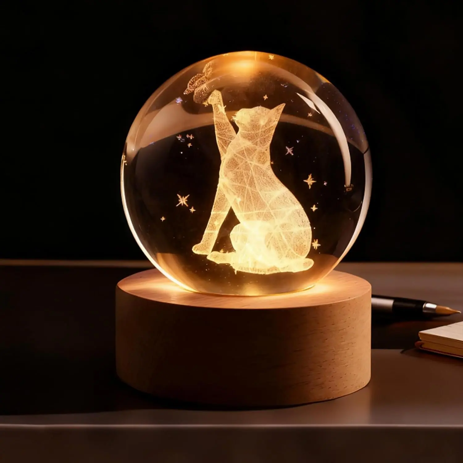60mm 3D Star Cat Light-Up Magical Floating Glass Crystal Ball, Wooden Base Figurine Collectible Home Decor Sympathy Gift for Women