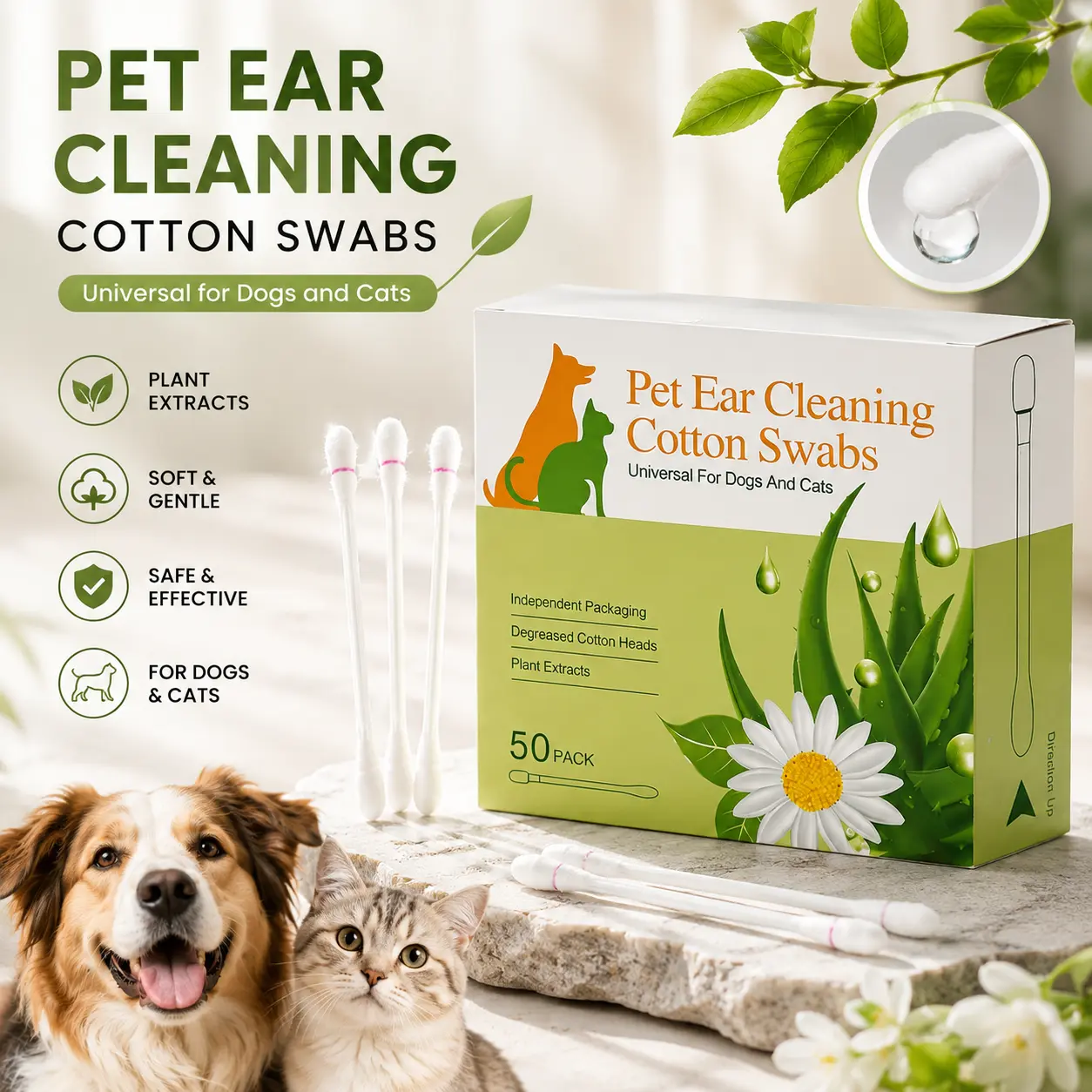 50-Pack Dog & Cat Ear Cleaning Swabs - Essential Oils Infused, Alcohol-Free, Non-Irritating, Hypoallergenic, Waxy Removal, Itch Relief, Soothing Botanical Extracts, Individual Packs for Daily Grooming