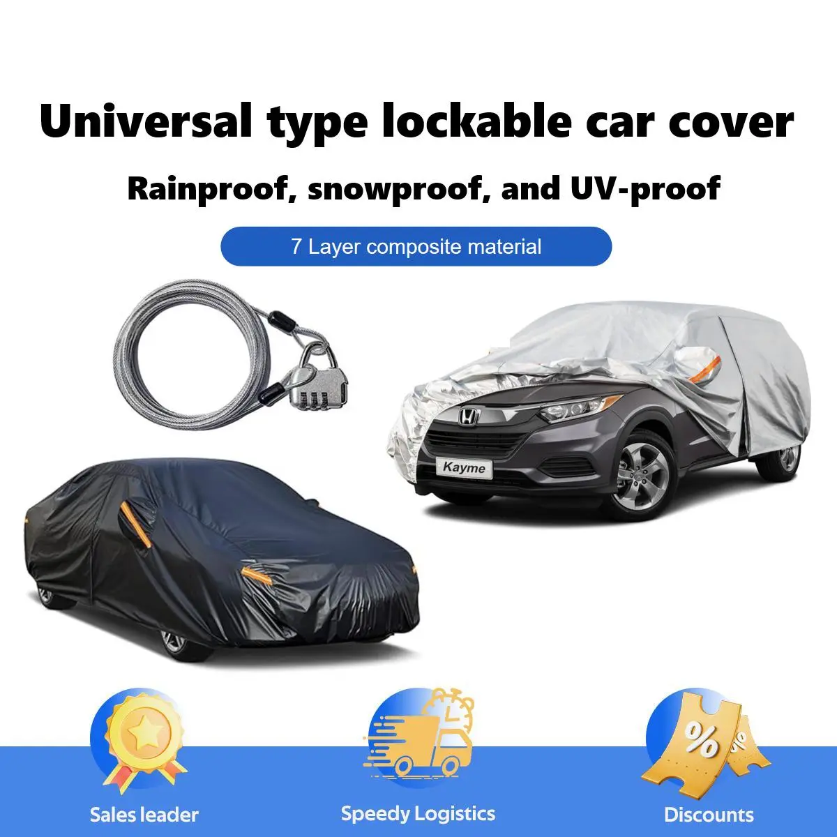 KAYME Waterproof SUV Vehicle Cover - 7-Layer High-Density 210T Polyester All Season Cover for SUV Owners, Universal Fit 163"-200" SUVs, Door Zipper for Easy Access, UV/Sun/Snow Protection, Wind Straps, Car Sunshade Cover, Fabric