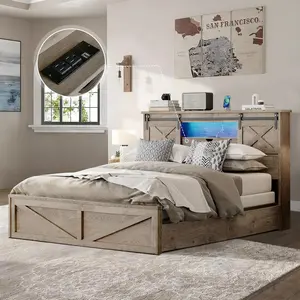 Farmhouse Bed Frame Queen/ King Size with Storage Headboard, Wooden Platform Bed with Charging Station and LED Lights, 2 Storage Drawers and Sliding Barn Door, No Box Spring Needed (Grey)