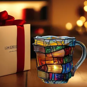 3D Stacked Book Glass Coffee Cup - Heat-Resistant Colorful Painted Design, Unique Literary Mug, Ideal Gift for Writers, Librarians & Book Club Fans