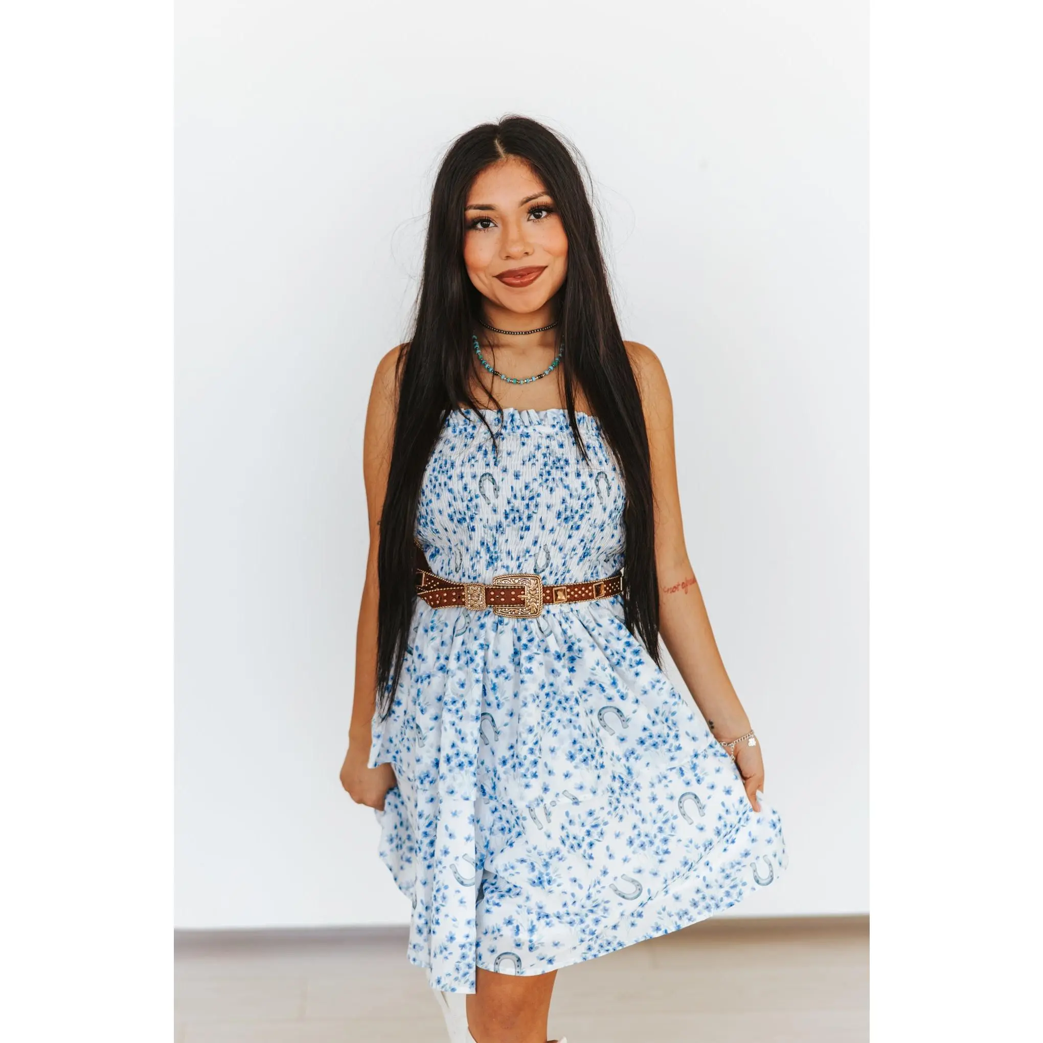 Women's L&B Strapless Ruffle Romper - Light Blue Floral