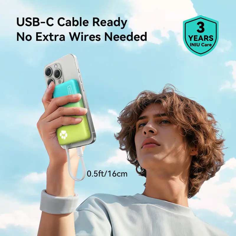 INIU【2 PACK】PawGO 45W 10000mAh Power bank, Slim PD Fast Charging Portable Charger with Build in USB-C Cable,  Perfect Gift Travel Camping Battery Pack, External Phone Charger for iPhone 17 16 15 14 13 12 11 Series Samsung Google Pixel iPad Compact Handy 2