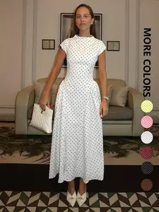 Women A-Line Dress Boho Polka Dot Print Elegant Party Summer Sleeveless Bodycon Dress, Summer O-Neck New Fashion Casual Maxi Dress for Women,Graceful Women Long Dress For Holiday White