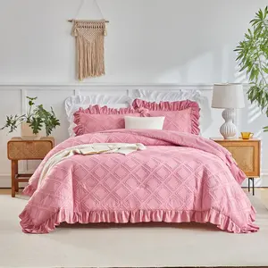 Tufted Ruffle Comforter Set  Size, 3 count Pink Ruffled Farmhouse Comforters, Luxury Solid Color Soft and Embroidery Shabby Chic Boho Bohemian Bedding Set (1 Comforter + 2 Pillowcases)
