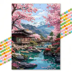 Japanese Style Cherry Blossom Diamond Painted Canvas, Fresh Fuji Mountain View DIY Handmade Decoration Art, Home Wall Decor