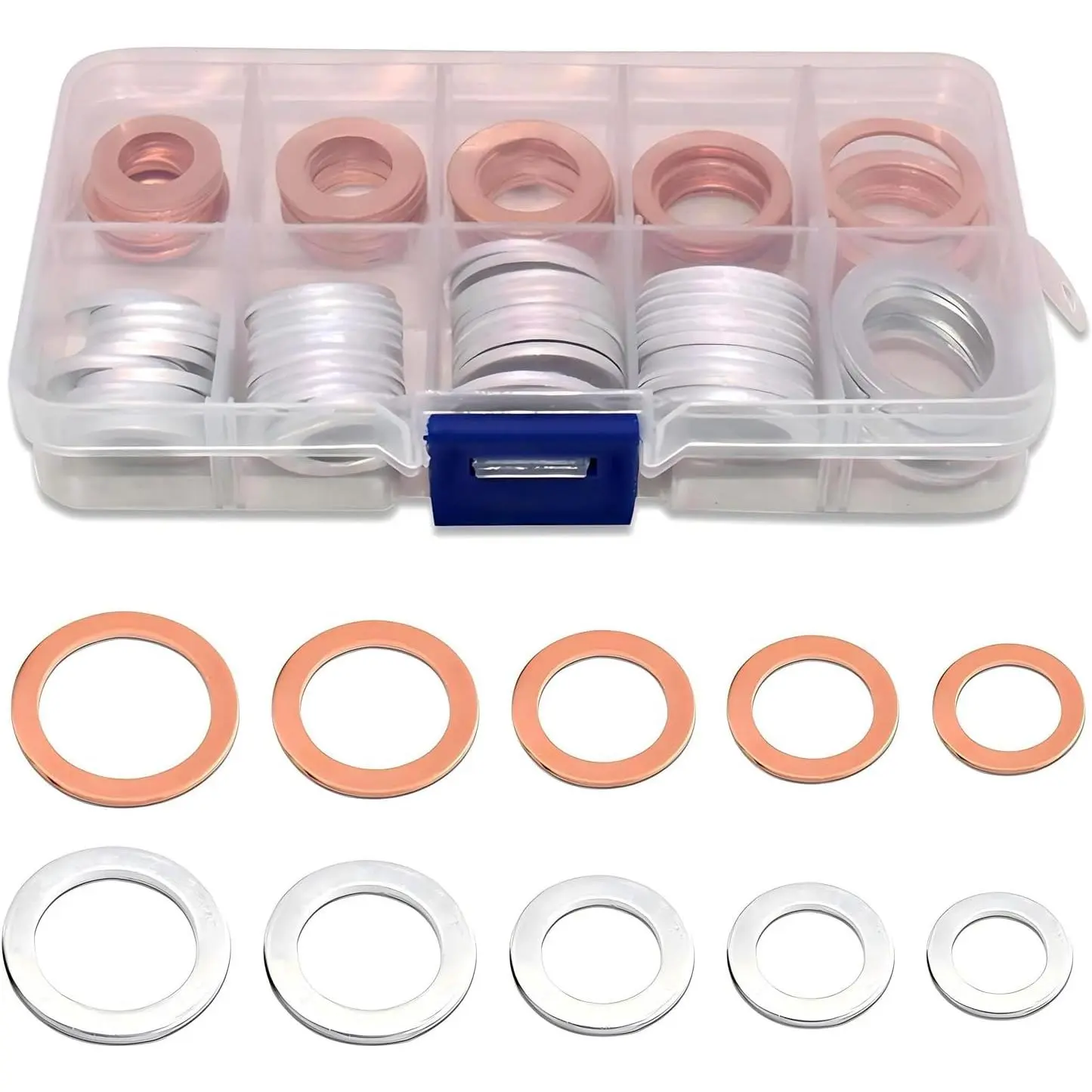 100 PCS Oil Drain Plug Gasket Kit - Aluminum Sizes Flat Rings with Case, Corrosion-Resistant Copper Crush Washer Seals for High Temperatures, Oil Pressure & Sealing, DIY Mechanic Car Tool