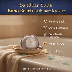 Sandbar Suds Boho Beach Bath Bomb 4.5 oz Sea Salt Cleansing Fragrance for Relaxing Soak & Body Care Made in USA Ideal for Self-Pampering or Gifting